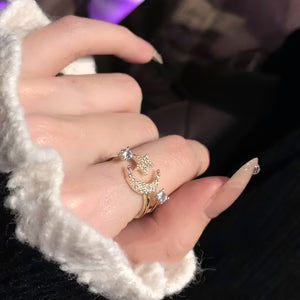 Chic Star Moon Rhinestone Ring, Retro & Minimalist Style, Daily Party Wear, Ideal Ramadan Gift